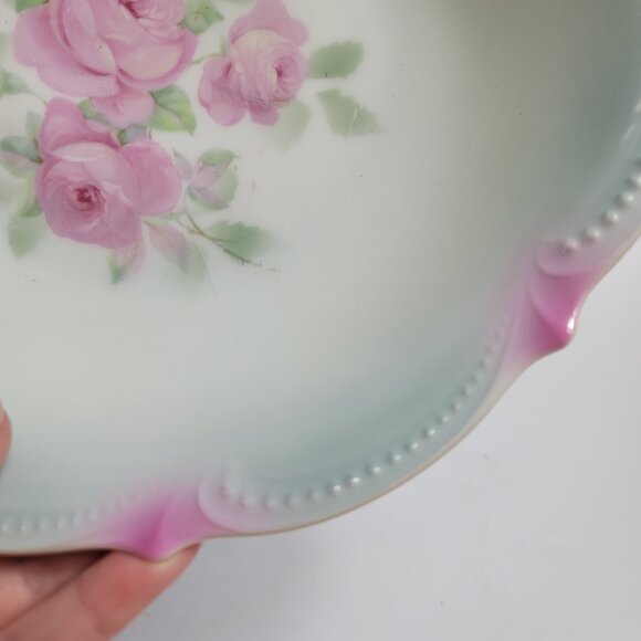 Koenigszelt Silesia Serving Bowl 9 Inch Pink Roses Green Leaves Beaded Boarder - Picture 13 of 15